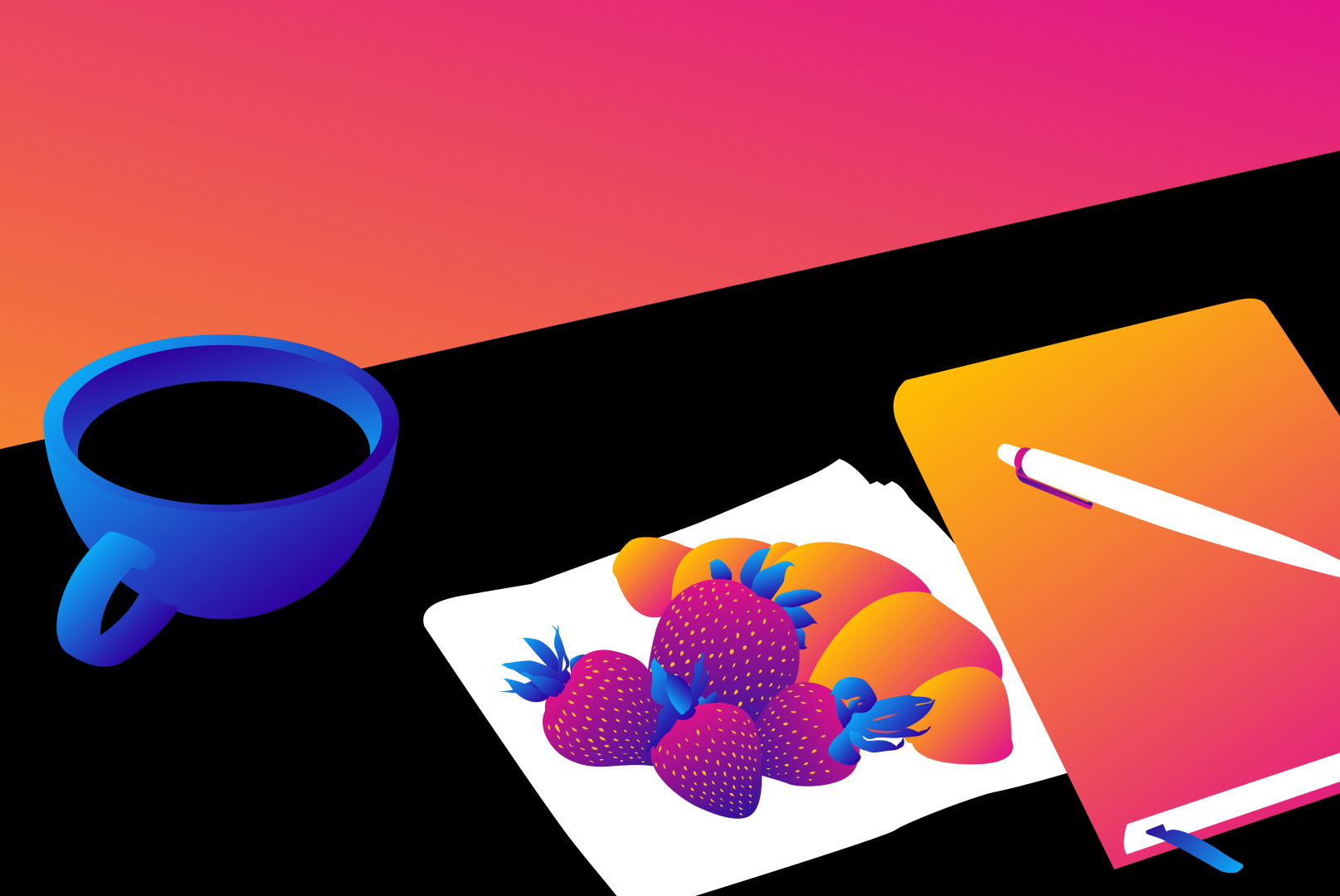 coffee cup, fruit, croissant, notebook, pen