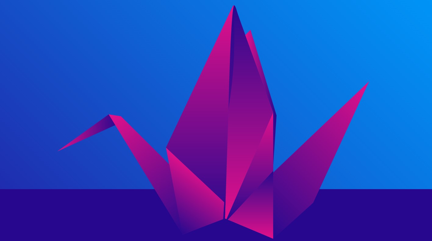 pink origami, blue background,